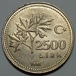 سکه خارجی 2500 لیره ترکیه 1991 (کیفیت بانکی) %