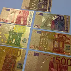 ست اسکناس های طلایی کلکسیونی یورو ۷ عدد ( سایز فابریک اسکناس های یورو اتحادیه اروپا ) کیفیت بانکی %