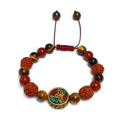 دستبند رودراکشا، چشم ببر، عقیق قرمز و خرجکار تبتی کد43