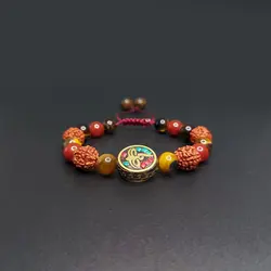 دستبند رودراکشا، چشم ببر، عقیق قرمز و خرجکار تبتی کد43