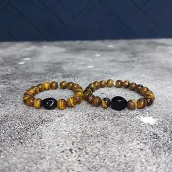 دستبند ست سنگ چشم ببر و عقیق سیاه کد 85