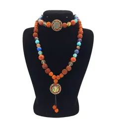 ست دستبند و گردنبند سنگ هفت چاکرا ، رودراکشا با پلاک تبتی کد 39