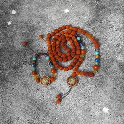 ست دستبند و گردنبند سنگ هفت چاکرا ، رودراکشا با پلاک تبتی کد 39