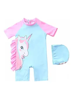 شنا مایو Unicorn Printed Swimming Suit With Cap 3-4Y 