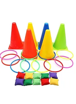 بازی‌های فضای باز و تجهیزات پارک سایر Games Outdoor Set, 26Pcs Soft Plastic Cones Bean Bags Ring Toss Combo Set, Indoor Outdoor Birthday Party Backyard Games 