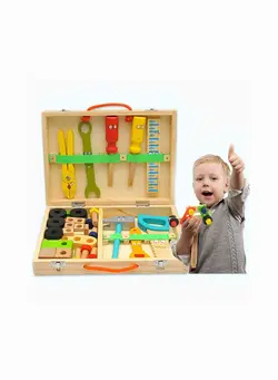 Tool Kit for Kids,Wooden Toddler Tools Set Includes Tool Box, DIY Toolbox Portable Puzzle Simulation Montessori Educational Stem Construction Toys 