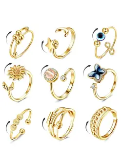 گجت، فیجت و سرگرمی اسپینر 9 Pcs Fidget Anxiety Rings For Women Men Spinner Rings For Anxiety Relieving Stress Open Cz Flower Moon Star Anti Rotatable Rings Adjustable Gold Tone 