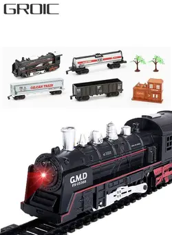 اسباب بازی قطار Electric Oil Can Train Set, Track Retro Steam Train Model,DIY Product,Electric Train Toy Set, Simulation Track, Locomotive, Carriages, Oil Cans, Trees, Houses, Sound Effects, Lights 