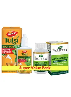 ویتامین و ساپلیمنت مکمل‌های گوارشی Dabur Botanica Ashwagandha  - 60 capsules + Dabur Tulsi Drops - 30 ml Combo Set