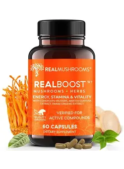 ویتامین و ساپلیمنت دمنوش و مکمل‌های گیاهی Realboost Mushroom Supplement Blend With Cordyceps Mushroom Ginseng Extract & Guayusa Extract Natural Energy Booster Immune Defense Mood Support & Brain Booster Supplement 60Ct