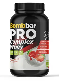مکمل‌های ورزشی پروتئین Bombbar Pro Whey Protein Complex, Protein Concentrate & Isolate Blend, Strawberry & Cream  900g