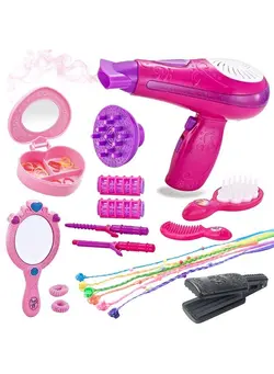 اسباب‌بازی‌های مشاغل و اماکن ست‌های فروشگاهی Little Girls Beauty Hair Salon Toy Kit With Toy Hairdryer Mirror & Other Accessories Fashion Pretend Makeup Set For Kids 
