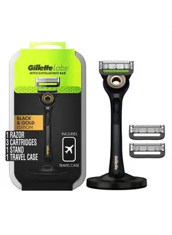 مردانه تیغ و ماشین اصلاح بدن Razor for Men with Exfoliating Bar Gold Edition by GilletteLabs, Includes 1 Handle, 3 Razor Blade Refills, 1 Travel Case, 1 Premium Magnetic Stand 