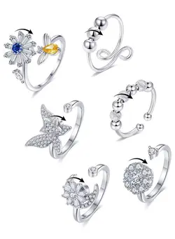 گجت، فیجت و سرگرمی اسپینر 6Pcs Fidget Anxiety Spinner Ring Adjustable Open Ring Cubic Zirconia Butterfly Moon Bead Stress Relief Stackable Rings For Women 