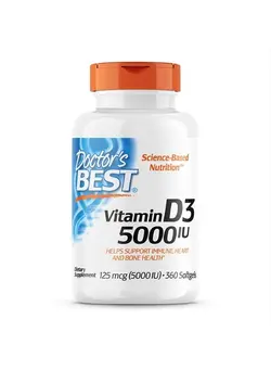 ویتامین و ساپلیمنت مکمل‌های گوارشی Doctor's Best Vitamin D3 5,000 IU for Healthy Bones, Teeth, Heart and Immune Support, Non-GMO, Gluten-Free, Soy Free, 360 Count (Pack of 1)