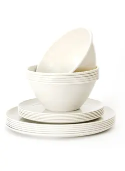 ابرو و چشم سایر 18 Pieces Plastic Kitchen Dinnerware Set, Plates (8 Inch & 10 Inch), Bowls (32OZ), Service for 6 (Cream) 