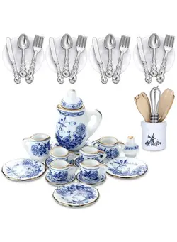 عروسک و لوازم  جانبی سایر 37 Pieces 1:12 Scale Miniatures Dollhouse Kitchen Accessories Include 16 Mini Doll Plates Knife Fork Spoon 6 Mini Egg Beater Utensil 15 Mini Tea Cup Set For Doll Toy Supplies (Blue Porcelain) 