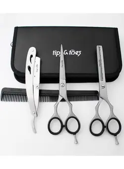 مردانه ماشین اصلاح Tips&Toes Professional Hair Cutting Scissors Set - Haircut Scissor for Barber/Hairdresser + Thinning Hairdressing Shear +Straight Razor + comb for Beautician + Barber + home use with leather case 