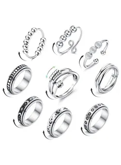 گجت، فیجت و سرگرمی اسپینر Fidget Rings For Anxiety 9Pcs Stainless Steel Anti Anxiety Spinner Ring With Beads Moon Star Triple Interlocked Rolling Flower Cool Stress Relieving Band Rings Set For Women Men 7 