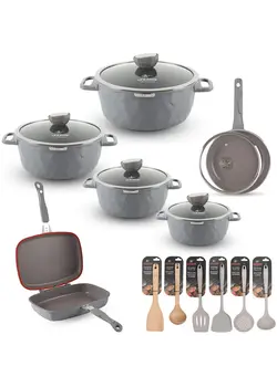 ظروف و لوازم پخت غذا ست ظروف پخت 18Pcs Granite Coated Healthy Cookware Set - Die Cast Aluminum Cooking Casserrole Set Inclued Sauce & Stock Pots, French Frying Pan, Double Grill Pan - Nylon and Wooden Tools - PFOA & PTFE Free 