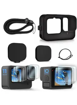لوازم جانبی فیلم‌برداری و عکاسی سایر Silicone Rubber Case+2Pack (6Pcs) Tempered Glass Protector Compatible For Go Pro Hero11 Hero10 Hero9 Blacksoft Sleeve Cage Housing With Lens Cover Cap Lanyard Accessories Bundle Kit 