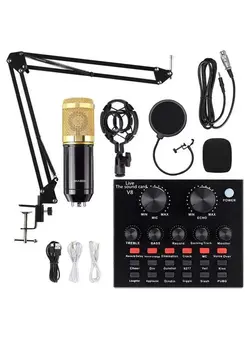دوربین فیلم‌برداری و عکاسی تلسکوپ و میکروسکوپ V8 Audio External Sound Card Headset BM800 Microphone Set Webcast Streamer Live Broadcast Microphone Stand Condenser USB MIC 