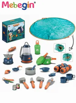اسباب‌بازی‌های مشاغل و اماکن ست‌های ابزار و مشاغل 25 Pcs Kids Camping Tent Set Toys Pop Up Play Tent with Camping Gear Tools Indoor Outdoor Pretend Play Set for Toddler Including Telescope Stove and Tools 