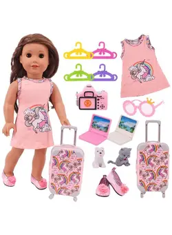 عروسک و لوازم  جانبی اکسسوری عروسک 13 Pcs 18 Inch Doll Travel Set Suitcase Unicorn Clothes Shoes Sunglasses And Computers Pets Camera Hangers Playset For 18 Inch Girl Doll/43Cm New Baby Born Doll Not Include Doll 
