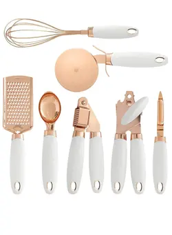 ظروف و تجهیزات آشپزخانه اکسسوری و تجهیزات آماده سازی 7 PCS Kitchen Gadget Set Copper Coated Stainless Steel Utensils with Soft Touch White Handles, Cooking Tools Including Garlic Press, Whisk, Ice Cream Scoop, Can Opener, Peeler, Scraper, Pizza Knife 