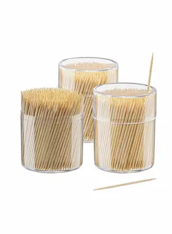 قاشق و چنگال ست قاشق و چنگال Bamboo Wooden Toothpicks 1500 Pieces Wood Round in Plastic Storage Holder| Sturdy Double Sided for Party, Olive, Fruit, Teeth Cleaning (Divided 3 Bottles) 