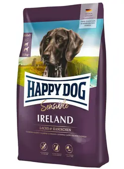 غذا غذای سگ 12.5kg Happy Dog - Super Premium Sensible Ireland wheat free recipe with salmon and rabbit to support skin and coat for choosy adult dogs. 