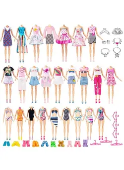 عروسک و لوازم  جانبی اکسسوری عروسک 38 Pack Doll Clothes And Accessories 6 Pcs Fashion Dress 6 Tops 6 Skirt Set 3 Sets Swimsuit Bikini 3 Crown Necklace Bracelet Hanger 10Shoes 