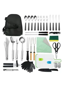 لوازم پخت  و پز ظروف آشپزی Portable Camping Kitchen Utensil Outdoor Barbecue Tool Set-34 Piece Cookware Kit Stainless Steel Cooking and Grilling Utensil 