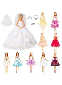 عروسک و لوازم  جانبی اکسسوری عروسک Doll Clothes Bride Wedding Dress With Bridesmaid Dress Gorgeous Trailing With Double Layer Wedding Veil 5 Accessories Veil + Crown + Necklace And Bracelet Princess Party Dress For 11.5