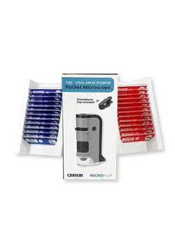 دوربین فیلم‌برداری و عکاسی تلسکوپ و میکروسکوپ Carson MicroFlip 100x-250x LED and UV Lighted Pocket Microscope with Flip Down Slide Base and Smartphone Digiscoping Clip Bundle Included with 24 Prepared Insect and Animal Slides (MP-250BUN) 