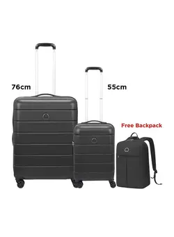 Delsey Lagos 2Piece SET 55+76cm Hardcase 4 Double Wheel Cabin & Check-In Luggage Trolley Black + FREE Delsey Agreable Backpack 