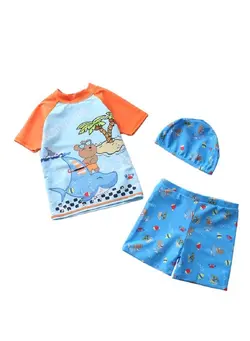 شنا مایو 3-piece fashionable boy cartoon printed one piece swimsuit short sleeved sun protection children's water sports with hat 110-120cm 
