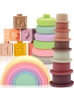 اسباب‌بازی‌های کودک و نوپا سایر 4X Set Montessori Toys For Babies 612 Months Stacking Toys For Toddlers 06 Months In A Bag ; Rainbow Stacker ; Stacking Cups ; Silicone Rings ; Soft Blocks ; Teething Toys 13 Years 