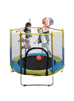 بازی‌های فضای باز و تجهیزات پارک ترامپولین 5.5feet Outdoor And Indoor Mini Toddler Trampoline With Enclosure And Basketball Hoop 140x140x120cm 