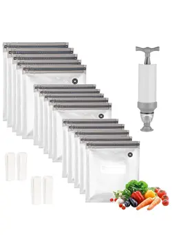ظروف و لوازم پخت غذا لوازم و اکسسوری پخت Food Vacuum Compression Bags Airtight Suction Bags Reusable Ziploc Bags with 3 Sizes Vacuum Food Bags 1 Hand Pump 5 Sealing Clips for Food Storage Sous-Vide(21Pieces) 