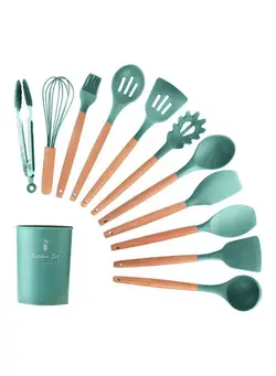 ظروف و تجهیزات آشپزخانه اکسسوری و تجهیزات آماده سازی 11-Piece Kitchen Utensils Set Dark Green/Brown 