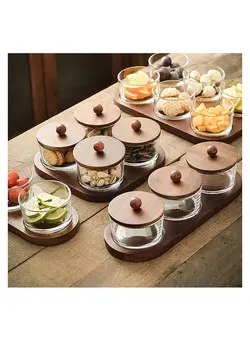 قاشق و چنگال ست قاشق و چنگال Round Glass snack plate with bamboo lid, dessert separated platter - divided dried fruit bowl / containers (1 Pc) 