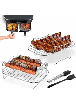 سرخ‌کن سرخ‌کن بدون روغن Fryer Accessories,Air Fryer Rack for Double Basket Fryers Air Fryer Oven Accessories Metal Holder Air Fryer Basket Cooking Tools with Food Tongs,Metal Cooking Rack for Making French Fries A Pizza 