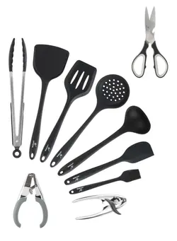 ظروف و لوازم پخت غذا ست ظروف پخت Kitchen Utensils Silicone 10-Pieces Spatula Set with Scissor, Non-Stick Cookware Non-Toxic Cooking Tools Includes Tongs, Spatula, Turner, Ladle, and More (Black) 