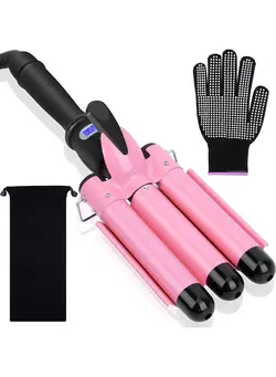 اتو مو فر کننده 3-Barrel Curling Iron Hair Crimper with Heat Resistant Glove and Travel Bag Pink/Black 