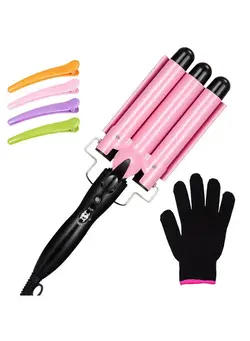 اتو مو فر کننده 3 Barrel Curling Iron Wand Three Barrel Hair Waver Iron Hair Crimper Barrels With 4 Pieces Hair Clips And Heat Resistant Glove Curling Waver Iron Heating Styling Tools (Pink) 