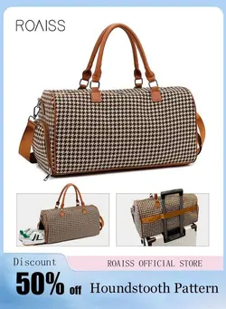 چمدان و ساک مسافرتی ساک مسافرتی Houndstooth Pattern Large Capacity Duffel Bag Retro Chic Luggage Handbag Wet and Dry Separation Shoes Compartment Crossbody Bag for Women Fitness Sports Trip Brown 
