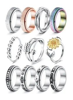 گجت، فیجت و سرگرمی اسپینر 11Pcs Fidget Anxiety Rings For Women Spinner Band Rings For Anxiety Adjustable Sunflower Bead Stress Relief Spinning Stackable Ring Set Comfortable Fit Size 5 