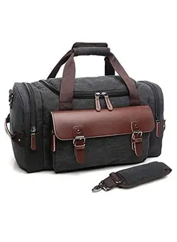 چمدان و ساک مسافرتی ساک مسافرتی Canvas Gym Bag for Men Women Leather Overnight Bag Travel Carry on Duffel Sports Weekend Tote Bags - Black 