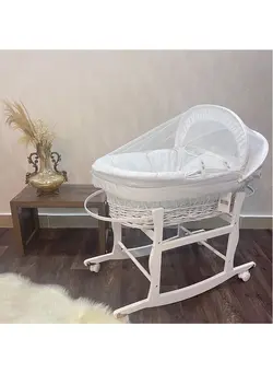 کالای خواب گهواره و حمل کودک Moses Basket Cradle White Color with White Holder on Wheels 